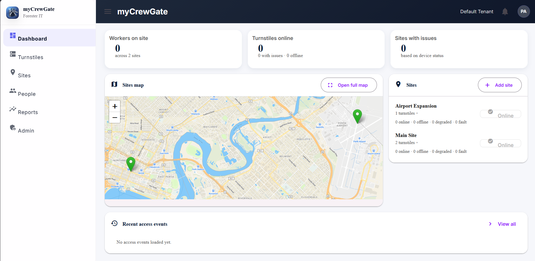 myCrewGate dashboard showing a sites map, turnstile status, and site overview across two active sites